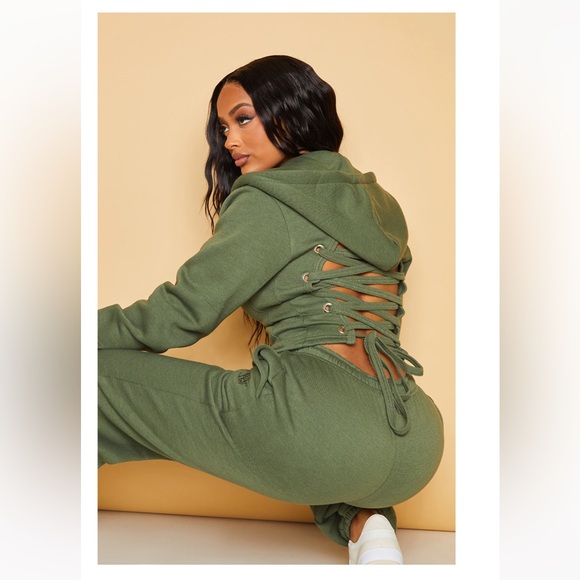 PrettyLittleThing Pants - Olive Green Lace-Up Back Embroidered Cuffed Sweatpants Set